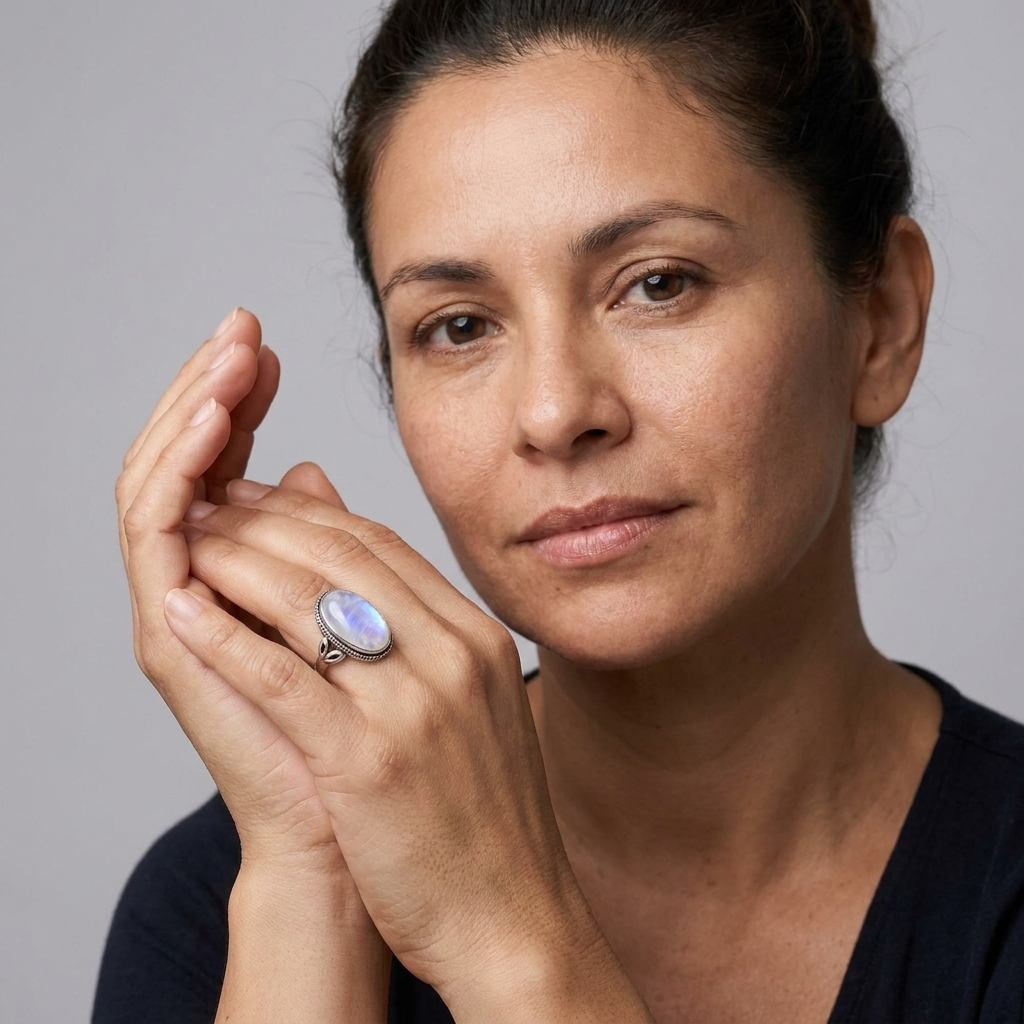 Anillo Piedra de Luna, manos juntas