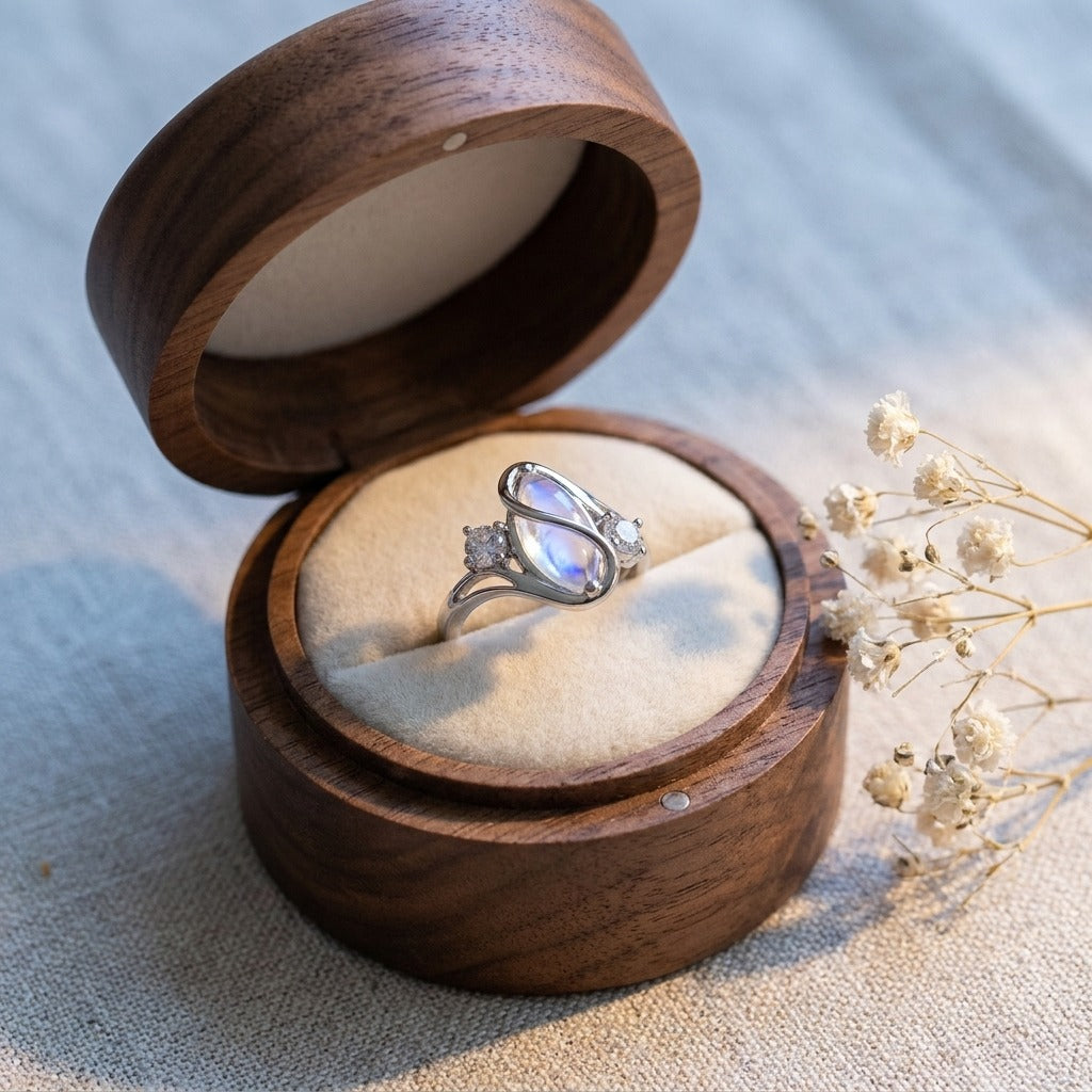 Anillo Luna Nueva, piedra lunar con destellos azules